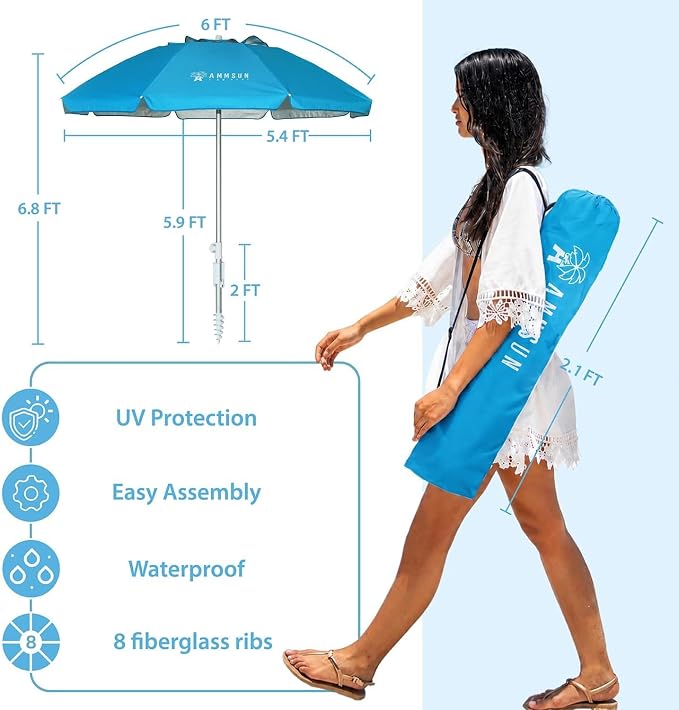 AMMSUN 6ft Folded Portable Travel Beach Umbrella with Sand Anchor Tilt Air vent UPF 50+UV Protection Fit In Suitcase Compact Foldable Telescopic umbrellas for Patio Garden Beach Pool Sky Blue