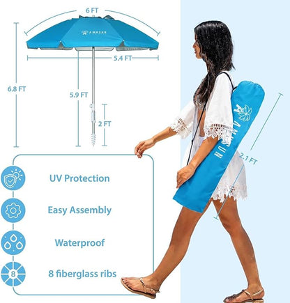 AMMSUN 6ft Folded Portable Travel Beach Umbrella with Sand Anchor Tilt Air vent UPF 50+UV Protection Fit In Suitcase Compact Foldable Telescopic umbrellas for Patio Garden Beach Pool Sky Blue