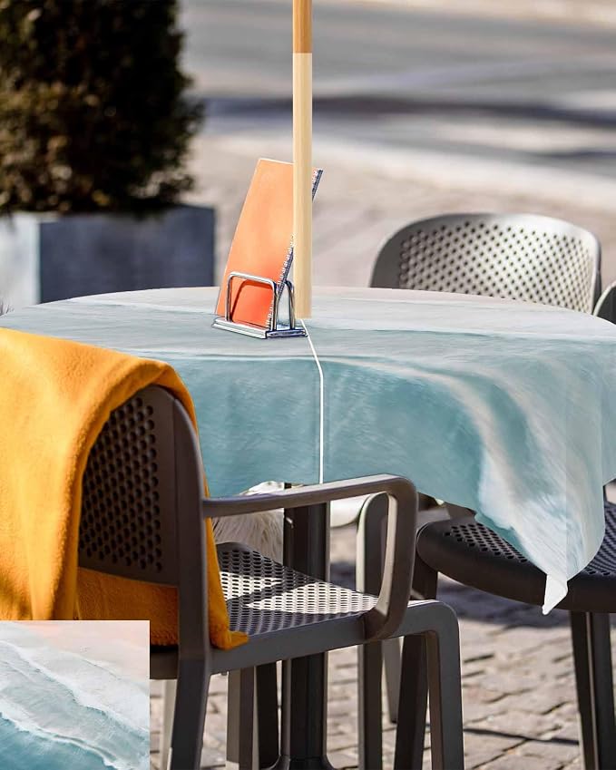 Summer Beach Outdoor Tablecloth - 54x54 Inch Square Dining Table Cover, Coastal Ocean Nautical Seaside Aqua Beige Waterproof Outdoor Table Cloth with Umbrella Hole & Zipper for Picnic/Patio/Party