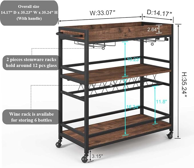 Bar Cart for The Home, Rolling Home Bar Serving Cart on Wheels, 3 Tier Liquor Beverage Carts with Wine Rack and Glass Holder (Rustic Oak)