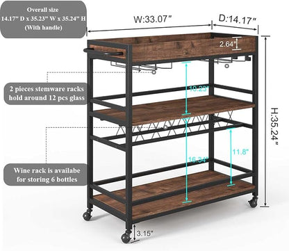 Bar Cart for The Home, Rolling Home Bar Serving Cart on Wheels, 3 Tier Liquor Beverage Carts with Wine Rack and Glass Holder (Rustic Oak)