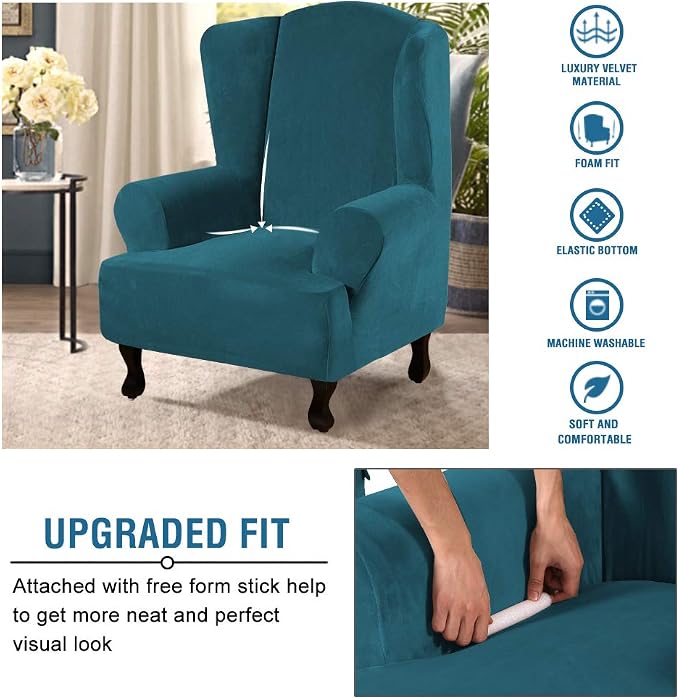 H.VERSAILTEX Wingback Chair Covers Velvet Plush Wing Chair Slipcover 1 Piece High Stretch Wing Back Chair Slipcovers Sofa Cover Furniture Cover with Elastic Bottom, Deep Teal