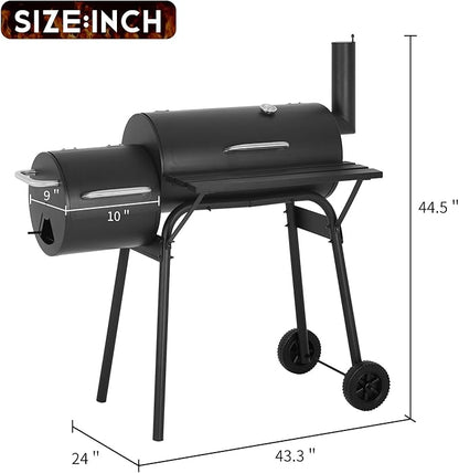 43"Charcoal Grills with 2 Wheels Portable Charcoal Grill Side Fire Box, Outdoor BBQ Grill for 6-10 People Patio Backyard Camping Picnics, Black