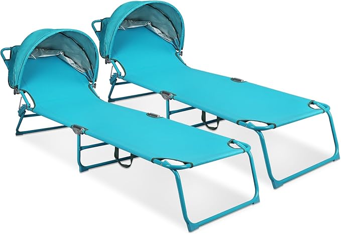 Northroad 2 Pack Outdoor Lounge Chair, Tanning Chair with Sunshade Roof, Adjustable Backrest Folding Chaise Lounge, Reclining Beach Bed for Beach, Camping, Hiking -Blue