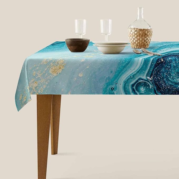TKS MITLAN Blue Paint Gold Powder Tablecloth 60x84 Inch Rectangular Incorporates Marble Swirls Agate Ripples Bright Ink Water Oblong Table Cloth Kitchen Table Decorations for Home Dinner Party