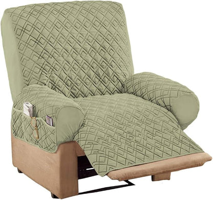 Collections Etc Diamond-Shape Quilted Stretch Recliner Cover with Storage Pockets and Elastic Straps - Furniture Protector | Sage, Recliner, polyester, Storage Pocket