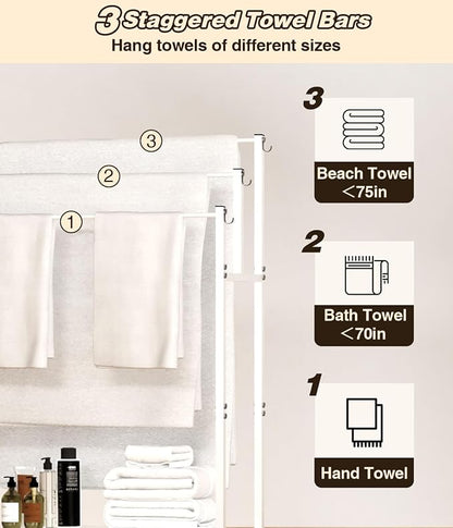 Mondazie 44” Free Standing Towel Racks for Bathroom Towel Storage, White | 3 Tier Oversized Pool Towel Drying Rack Outdoor, Blanket Ladder Holder with Shelf & 6 Hooks for Bedroom Living Room Poolside