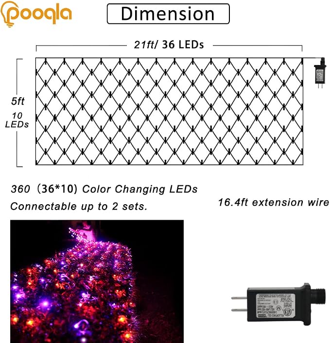 Pooqla Orange and Purple Halloween Net Lights Outdoor, 21x 5ft Green Wire | 360 LED Large Net Mesh Lights Plug in, 8 Modes Waterproof Connectable Bushes Lights for Halloween Hedge Yard Decor