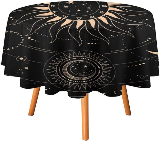 Vintage Tarot Moon Round Tablecloth Boho Mystical Crescent Cosmic Zodiac Star Galaxy Space Table Cloth Water Resistant Wipeable Table Cover for Picnic Party Holiday Kitchen Dinner Table 60"