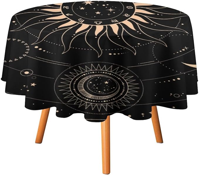 Vintage Tarot Moon Round Tablecloth Boho Mystical Crescent Cosmic Zodiac Star Galaxy Space Table Cloth Water Resistant Wipeable Table Cover for Picnic Party Holiday Kitchen Dinner Table 50"