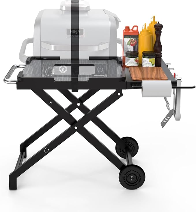 Collapsible Grill Stand for Ninja Woodfire OG701 OG800 OG900 Series & OO101 Pizza Oven Grill,Outdoor Table Cart with Side Shelf for Ninja XSKSTAND XSKUNSTAND Woodfire OG 700 Series,Foldable