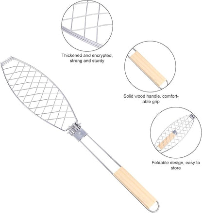 Fish Grill Basket, Iron Foldable Basket with Wooden Handle Non-Stick Grilling Rack Outdoor Cooking Tools Accessories Ideal for Any Fish Barbecue