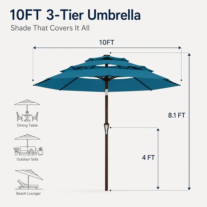 10ft Patio Umbrella, 3-Tier Vented Outdoor Table Umbrella with 8 Sturdy Fiberglass Ribs, Windproof Market Umbrella with Push Button Tilt and Crank, UV Protection for Deck, Pool, Lake Blue