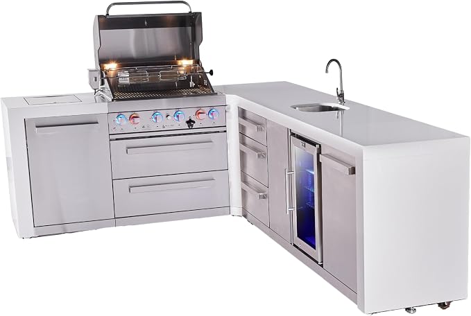 Mont Alpi Deluxe 82"W x 113"D x L-shaped Stainless Steel Outdoor Kitchen Island with Beverage Center Refrigerator Faucet & Sink Combo + 32"W 4-Burner BBQ Grill + Granite Countertops + Storage + Cover