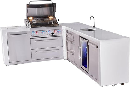 Mont Alpi Deluxe 82"W x 113"D x L-shaped Stainless Steel Outdoor Kitchen Island with Beverage Center Refrigerator Faucet & Sink Combo + 32"W 4-Burner BBQ Grill + Granite Countertops + Storage + Cover