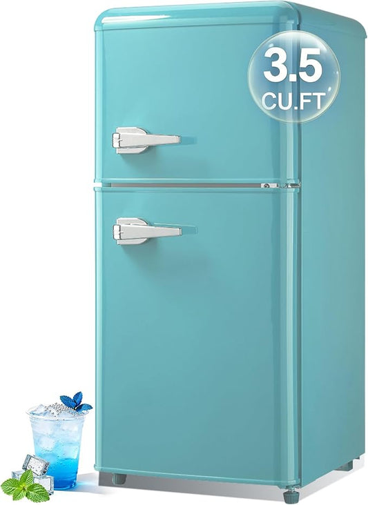 Retro Mini Fridge with Freezer 3.5 Cu. Ft, Small Refrigerator with 7 Level Adjustable Thermostat, Compact Classic Dual Door Fridge Removable Glass Shelves for Apartments, Dorm, Office, Mint Green
