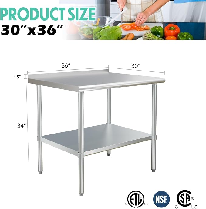 STABLEINK Stainless Steel Table with Backsplash 36x30 Inches 3ft for Prep | NSF Certified Metal Work Table Workbench with Undershelf for Commercial Kitchen Restaurant Hotel Laundry Garage Chef