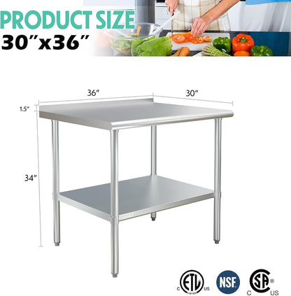 STABLEINK Stainless Steel Table with Backsplash 36x30 Inches 3ft for Prep | NSF Certified Metal Work Table Workbench with Undershelf for Commercial Kitchen Restaurant Hotel Laundry Garage Chef