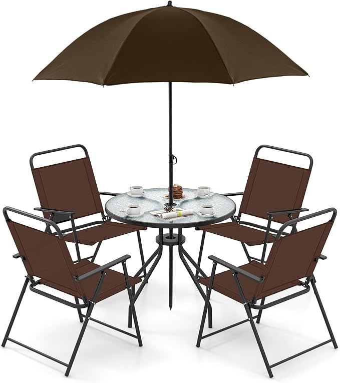 GIANTEX 6 Pieces Patio Dining Set, Folding Patio Chairs Set of 4, Tempered Glass Umbrella Table with Hole, Patio Table and Chairs for Lawn, Deck, Poolside, Backyard (Brown)