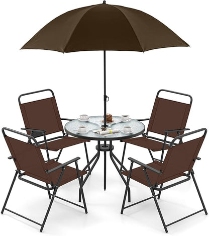 GIANTEX 6 Pieces Patio Dining Set, Folding Patio Chairs Set of 4, Tempered Glass Umbrella Table with Hole, Patio Table and Chairs for Lawn, Deck, Poolside, Backyard (Brown)