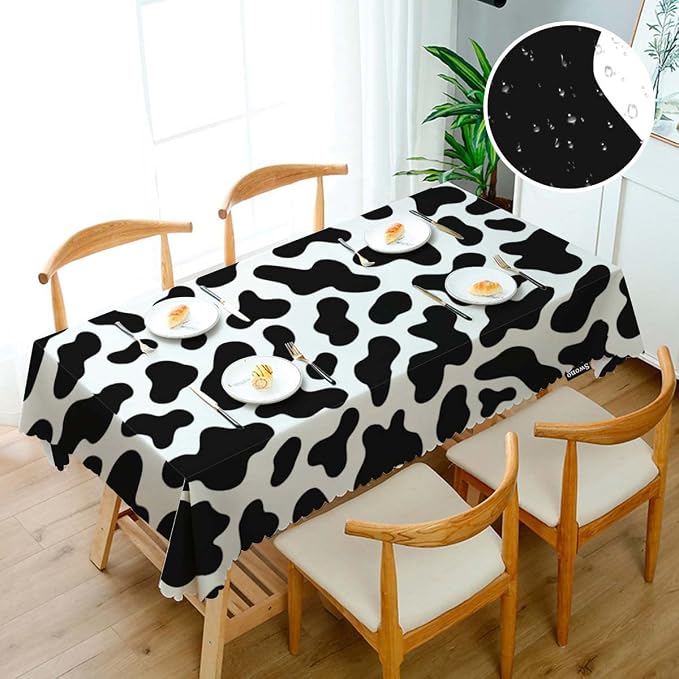 Swono Cow Table Covers 52x70 Inch Farm Cattle Cow Skin Print Black White Spots Wipeable Tablecloth Kitchen Dinning Tabletop Decoration, Table Cloth for Outdoor and Indoor Use