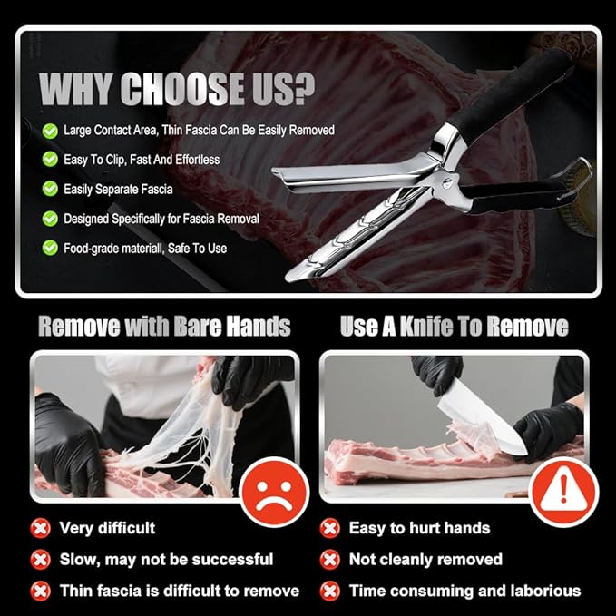 Rib Membrane Removal Tool Set - 2.5mm 304 Stainless Steel Rib Prep Tool with Ergonomic Grip, BBQ Rib Membrane Remover, Chicken Tendon Tool + Tweezers & Gloves for Meat Prep