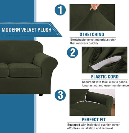 H.VERSAILTEX High Stretch Sofa Slipcover 4 Piece Cover Velvet Furniture Protector Form Fit Thick Velvet Extra Large Sofa Cover for 3 Cushion Couch Width Up to 97 Inch (Large Sofa, Olive)