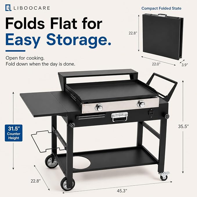 Grill Cart for Blackstone 22 Inch Griddle, 31" Tall Foldable Outdoor Griddle Table with Wheels, BBQ Prep Station with Side Shelf, Bar Top Shelf & Lower Storage