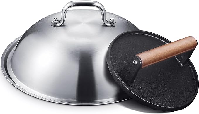Griddle Accessories Kit with 12.5 Inch Dome and Smash Burger Press | Includes a 12.5 inch stainless steel dome and 7 inch cast iron press for melting cheese, searing burgers and cooking evenly.