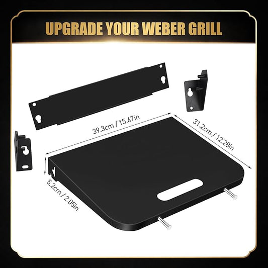 QuliMetal Foldable Side Shelf for Weber Searwood 600 & 600XL Grill, Black Powder Coated Metal Side Table with Built-in Hooks, Grill Side Shelf Accessory