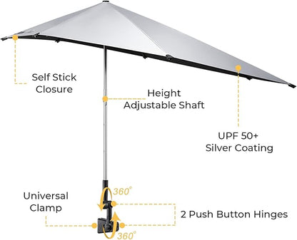 G4Free UPF 50+ Height Adjustable Beach Chair Umbrella with Universal Clamp | UV protection Chair Umbrella for Beach Chair, Golf Cart, Wheelchair, Stroller, Bleacher, Outdoor Patio, silver coating fabric
