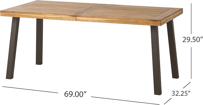 Christopher Knight Home Della Acacia Wood Dining Table, Natural Stained with Rustic Metal, 32.25 in x 69 in x 29.5 in, Brown, Grey