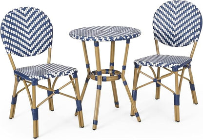 Christopher Knight Home Picardy Bistro Set, Navy Blue + White + Bamboo