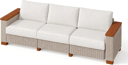 PaPaJet Outdoor Patio Sofa, 3 Seat Wicker Couch with Solid Armrests & Legs, 4.7" Thickened Removable Cushions, UV-Resistant Modular Sofa for Porch, Backyard, Garden
