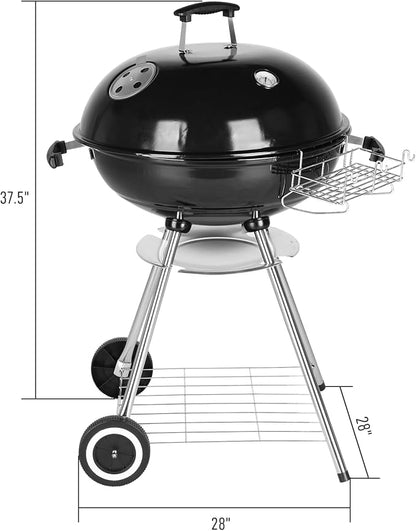 28" Charcoal Barbecue Grill with Adjustable Air Vent, Storage Rack, 2 Wheeled Portable Grill for Camping, Outdoor Cooking, and More