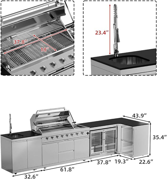BBQ Outdoor Kitchen Island Grill Barbecue Modular Patio Kitchens Kits with Electric Rotisserie, Sink, fridge, and Burner for More than 15 People