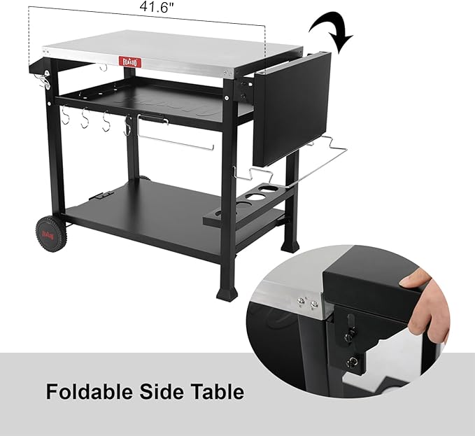 Feasto Outdoor Grill Table Cart, Pizza Oven Stand for Outdoor Indoor, 50" x 22" Stainless Steel Tabletop Dining BBQ Grill with Wheels for Food Prep, 3-Shelf Kitchen Cart with Cover