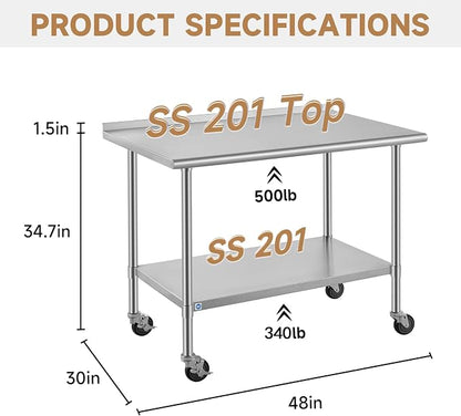 ROCKPOINT All Stainless Steel Prep Table with Caster & Backsplash 30x48 Inch，Commercial Heavy Duty Workbench with Stainless Legs & Adjustable Undershelf,840 lb Capacity for Outdoor Kitchens with Wheel