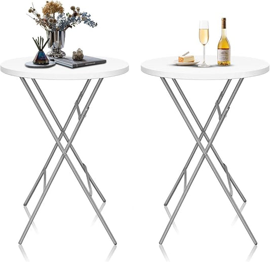 GUAGUA 32inch Folding Cocktail Tables, Bar Height, 2 Pack, White | 32in round bar-height tables with foldable legs for parties, weddings, catering, and portable indoor or outdoor setups.