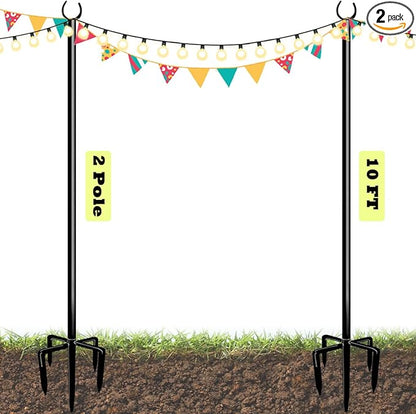 10ft String Light Poles for Outdoors, Outside Light Poles with 5-Prong Base, Suit for Garden, Backyard, Patio, Outdoor Lighting, Matte Black, 2 Packs