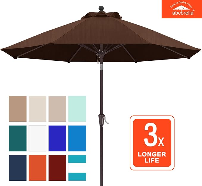 ABCCANOPY OLEFIN® 5-Year No Fading 9FT Outdoor Patio Umbrella(Coffee) | Fade & UV Resistant Fabric,8 Fiberglass Ribs，Wind Vent，Crank Lift & Tilt,Outdoor Table Umbrella for Deck,Backyard,Yard
