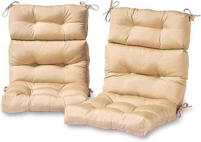 Outdoor Tufted High-Back Chair Cushions, One-Piece Hinged Seat and Back Design, Reversible with 4 Ties, Durable Polyester Fabric, Recycled Fiber Fill - Set of 2, Stone