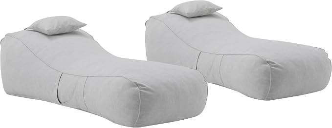 Christopher Knight Home Morton Outdoor Bean Bag Chair Set of 2, Fabric Bean Bag Chair for Adults and Kids, Indoor/Outdoor Sun Lounger with Headrest, Patio Chaise Lounge Chair Set of 2, Light Gray