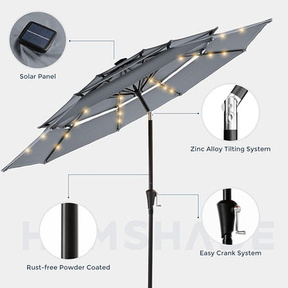 HOMSHADE 9FT 3-Tier Solar Patio Umbrella Heavy Duty,Vented Market Table Umbrella Windproof w/32 LED Lights,UPF50+,5-Year Fade Resistant,8 Thicker Ribs for Pool,Lawn,Garden,Deck (Grey,No Base)