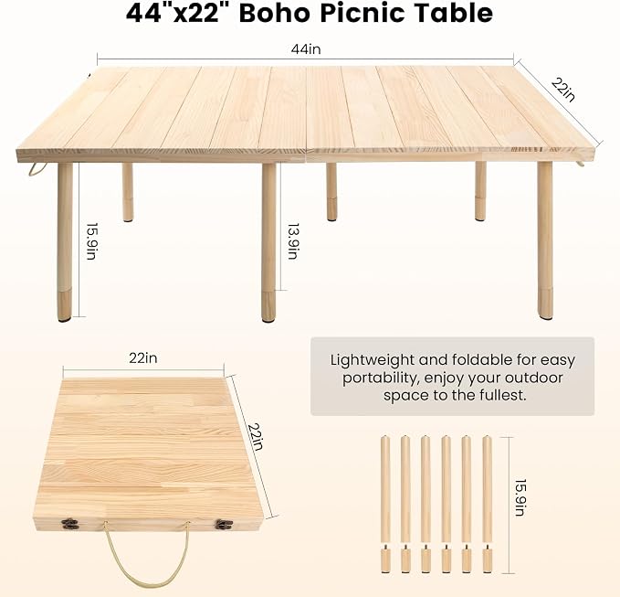 44" x 22" Boho Low Picnic Table, Foldable Solid Wood Construction | Beach Table with Tablecloth & Adjustable Legs, Indoor & Outdoor Use for Beach, Camping, BBQ, Wedding & Warm Family Gatherings