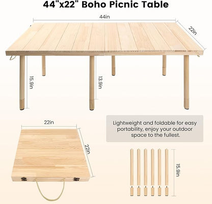 44" x 22" Boho Low Picnic Table, Foldable Solid Wood Construction | Beach Table with Tablecloth & Adjustable Legs, Indoor & Outdoor Use for Beach, Camping, BBQ, Wedding & Warm Family Gatherings