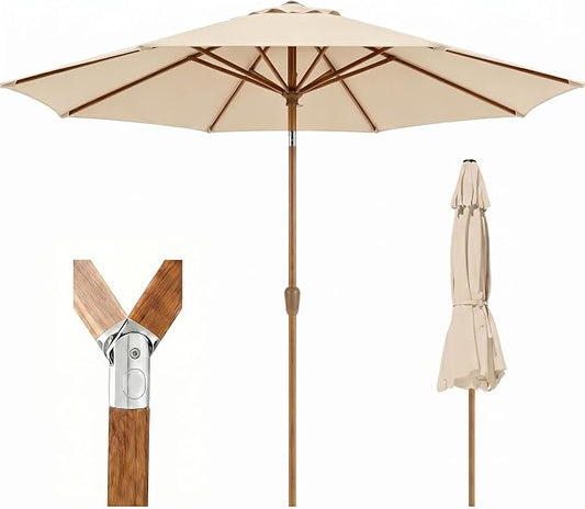 9ft Outdoor Patio Umbrella, Market Table Umbrella with Crank and Easy Push Button Tilt, Wood Grain Frame, UPF 50+ for Pool, Garden, Deck, Backyard