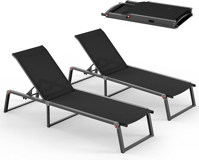 Aluminum Chaise Lounge Chair Outdoor, Foldable& No Assembly Patio Pool Lounge Chairs 5-Position Recliner for Outside, Fully Grounded Legs Sun Lounger for Poolside, Black, 2 Pack