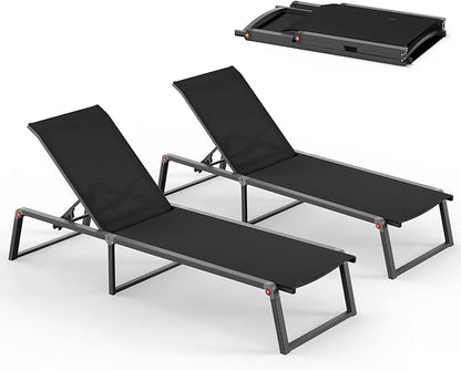 Aluminum Chaise Lounge Chair Outdoor, Foldable& No Assembly Patio Pool Lounge Chairs 5-Position Recliner for Outside, Fully Grounded Legs Sun Lounger for Poolside, Black, 2 Pack