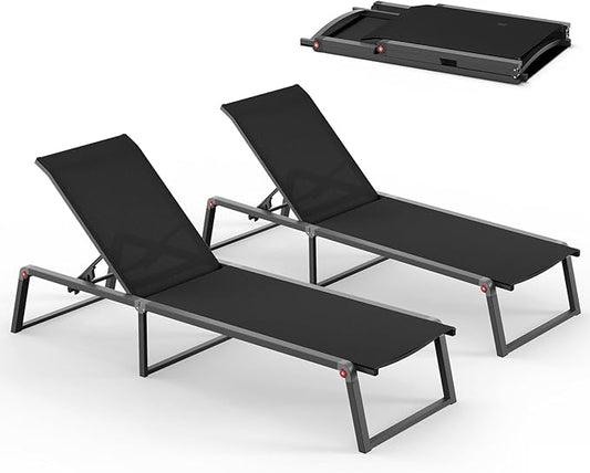 Aluminum Chaise Lounge Chair Outdoor, Foldable& No Assembly Patio Pool Lounge Chairs 5-Position Recliner for Outside, Fully Grounded Legs Sun Lounger for Poolside, Black, 2 Pack